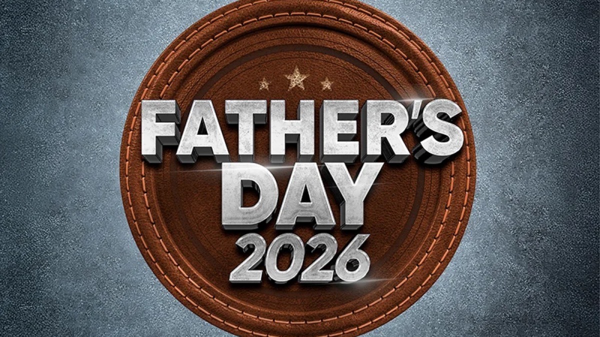 Father's Day 2026 graphic on a leather-style badge