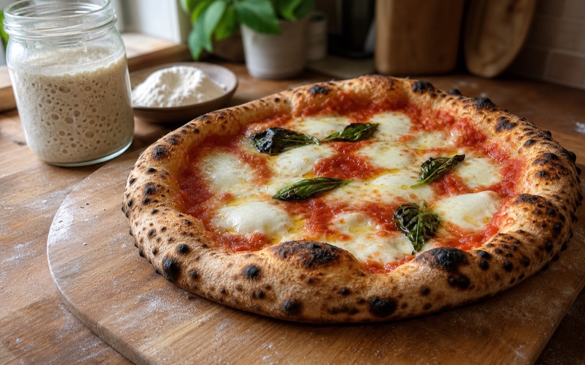 Homemade sourdough Neapolitan-style pizza beside a jar of active starter